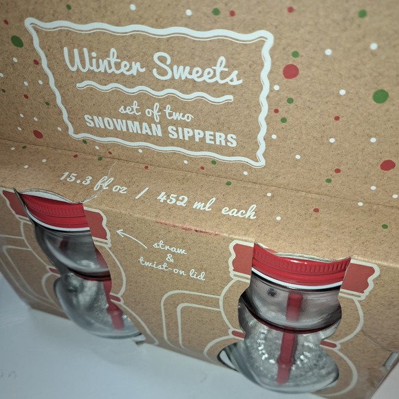 NIB - 2 Snowman Sippers Glasses 6 inches tall with Lid and straws Glass - Picture 3 of 4